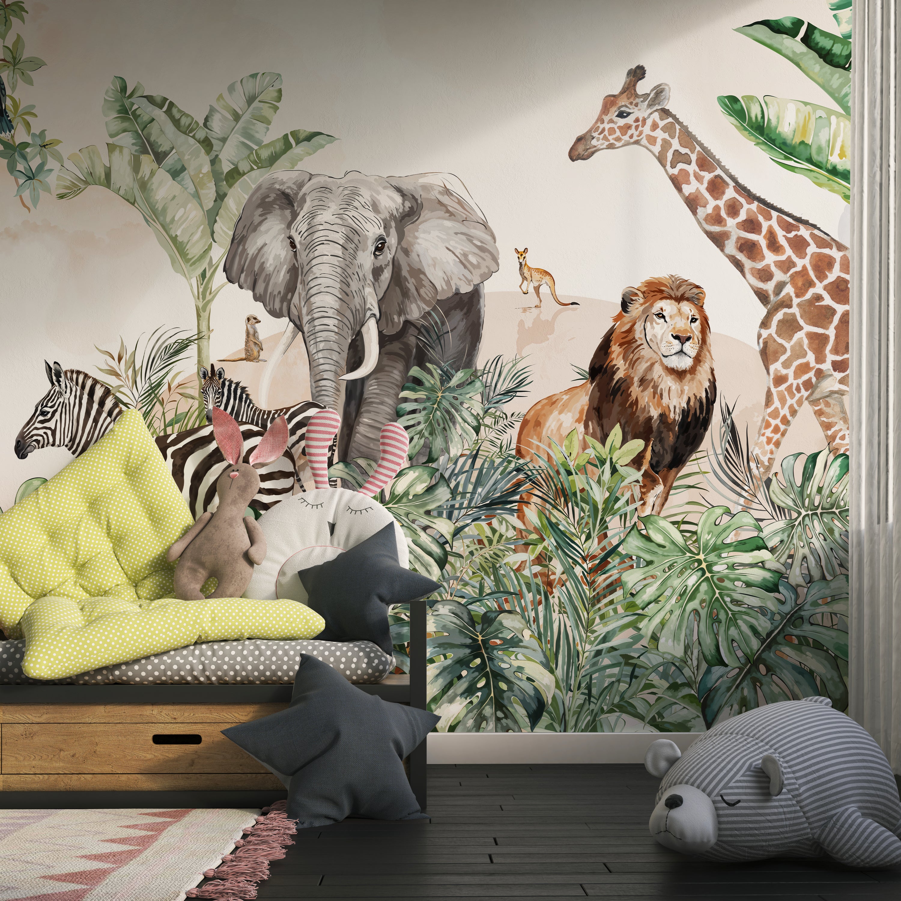 Papier peint panoramique zèbre, lion, girafe & éléphant