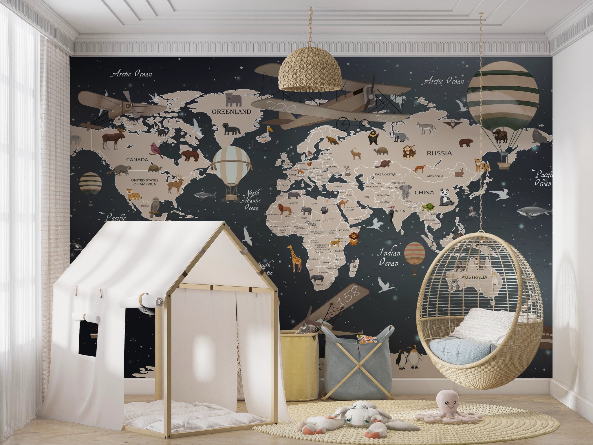Papier peint carte du monde enfant avions & montgolfières - Kam & Leon