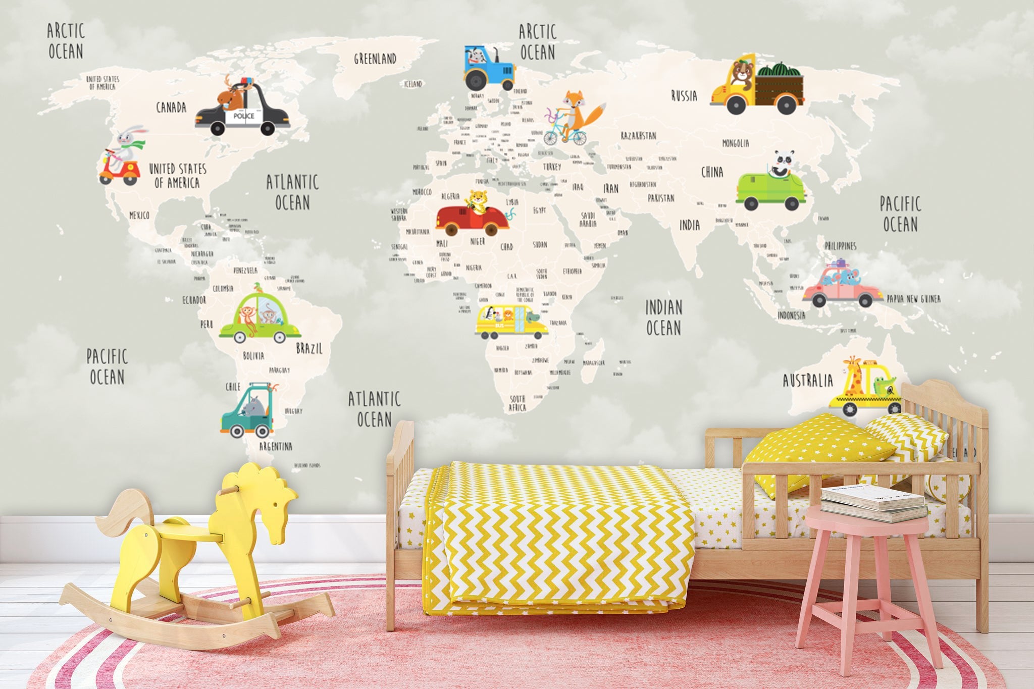 Papier peint carte du monde petites voitures - Kam & Leon
