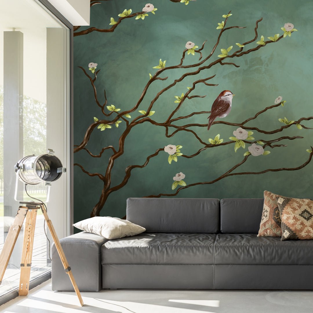Papier peint panoramique arbuste en fleur et rossignols du Japon - Kam & Leon