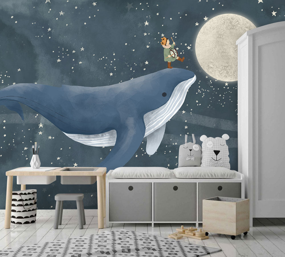 Papier peint panoramique baleine bleue - Kam & Leon