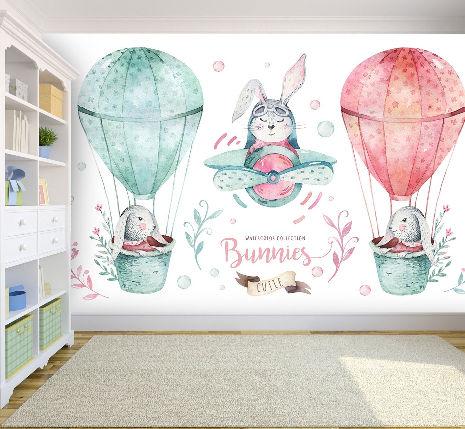 Papier peint panoramique lapins en montgolfières - Kam & Leon