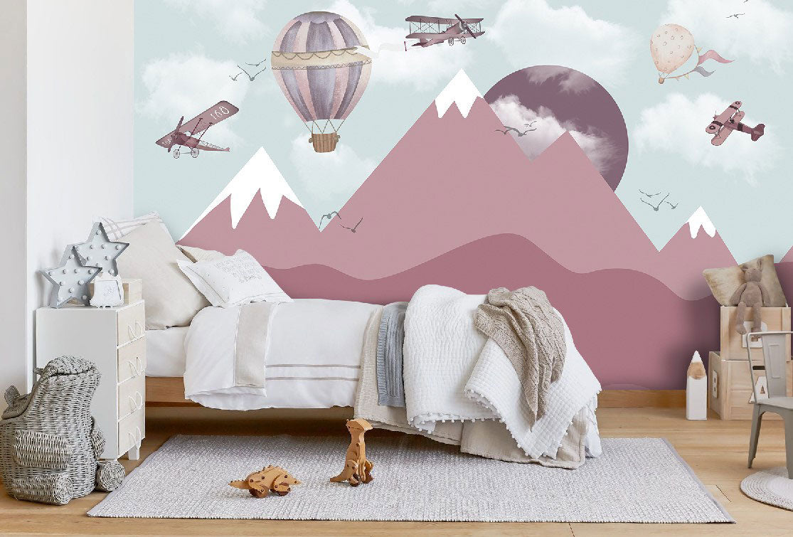 Papier peint panoramique montagne rose enneigée - Kam & Leon