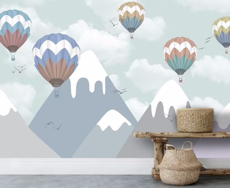 Papier peint panoramique montgolfières survolant la montagne - Kam & Leon