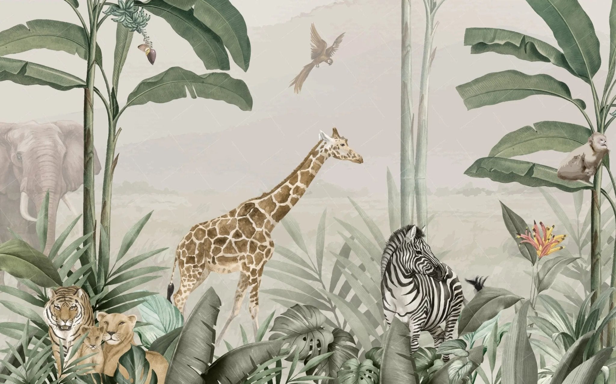 Papier peint panoramique tropical girafe et zèbre - Kam & Leon