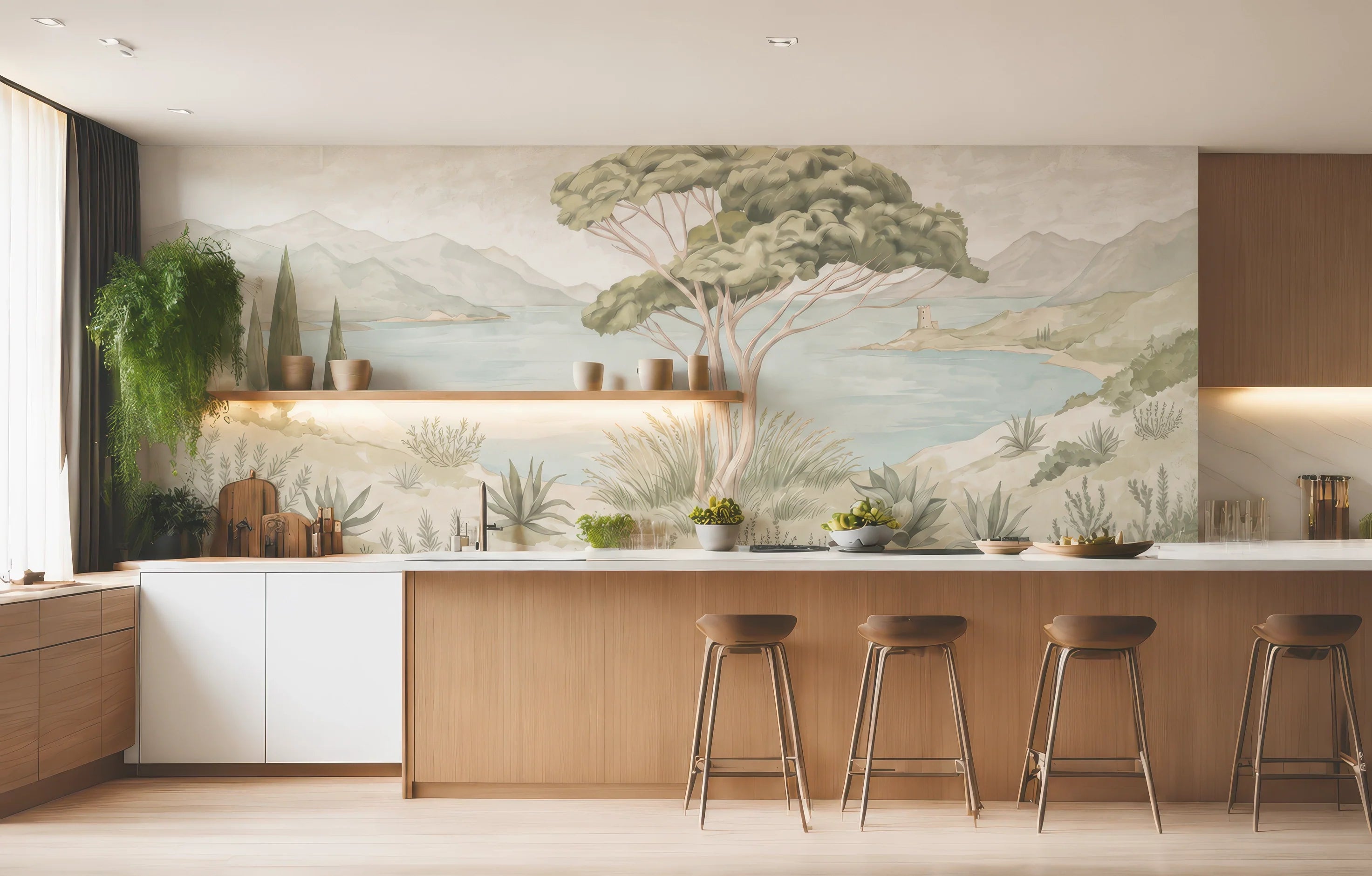 Papier peint cuisine panoramique paysage méditerranéen avec pin parasol et mobilier en bois clair