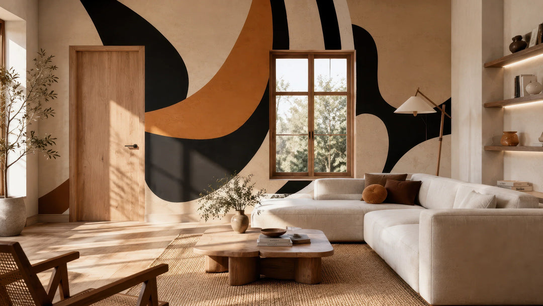 Papier peint panoramique géométrique sur un mur avec porte et fenêtre dans un salon