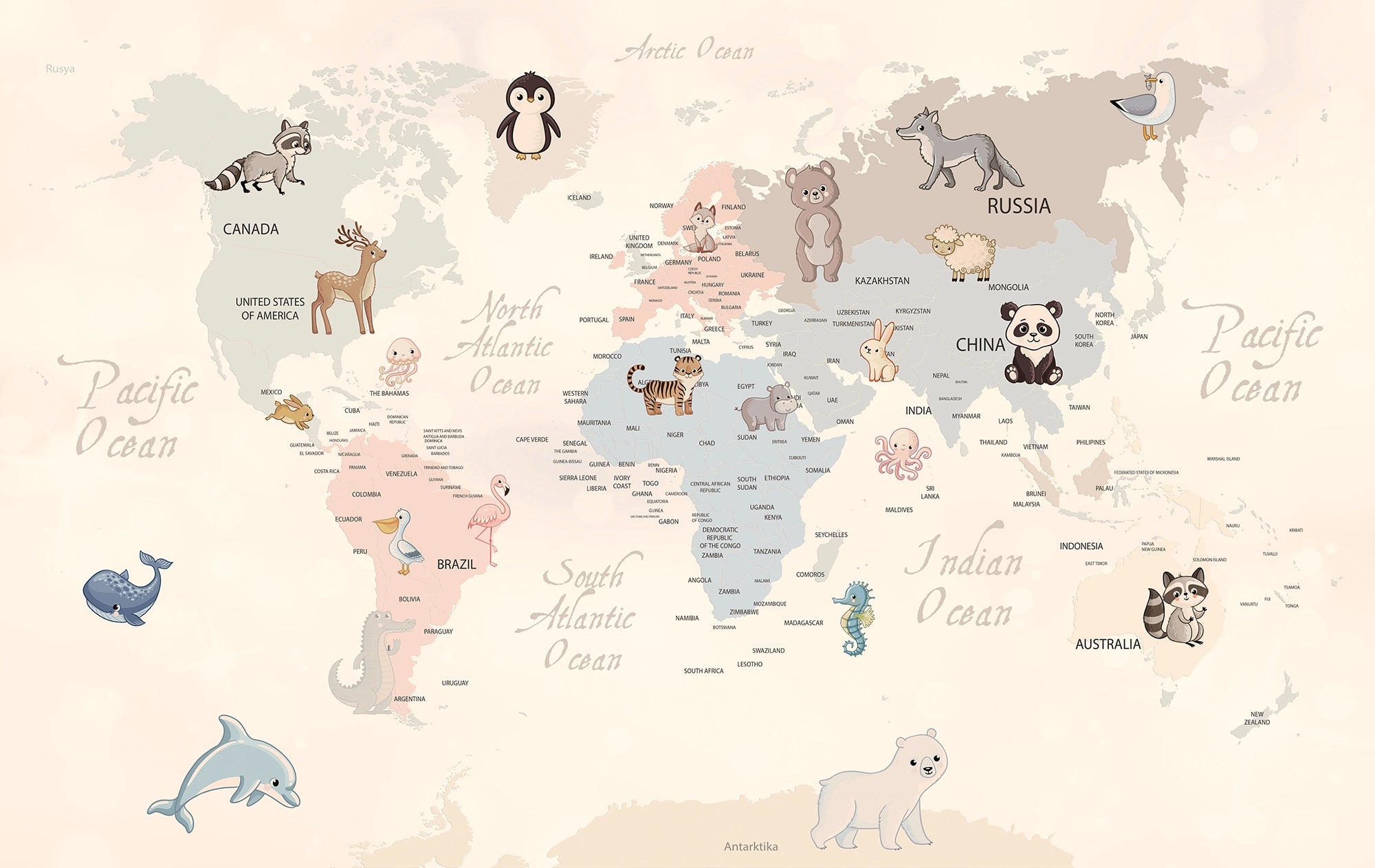 Children's room wall decor - world map animals