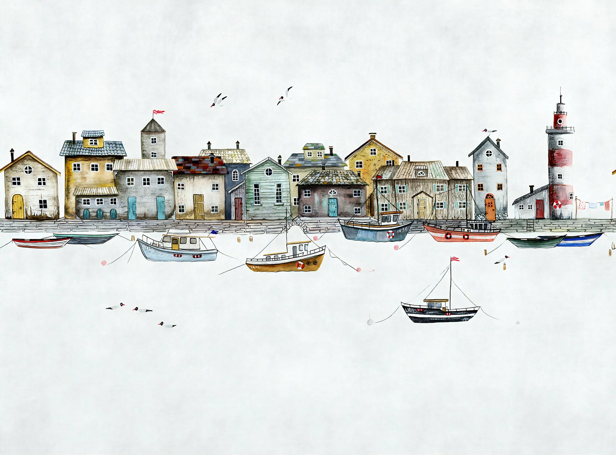 Wall mural drawing of a seaside village