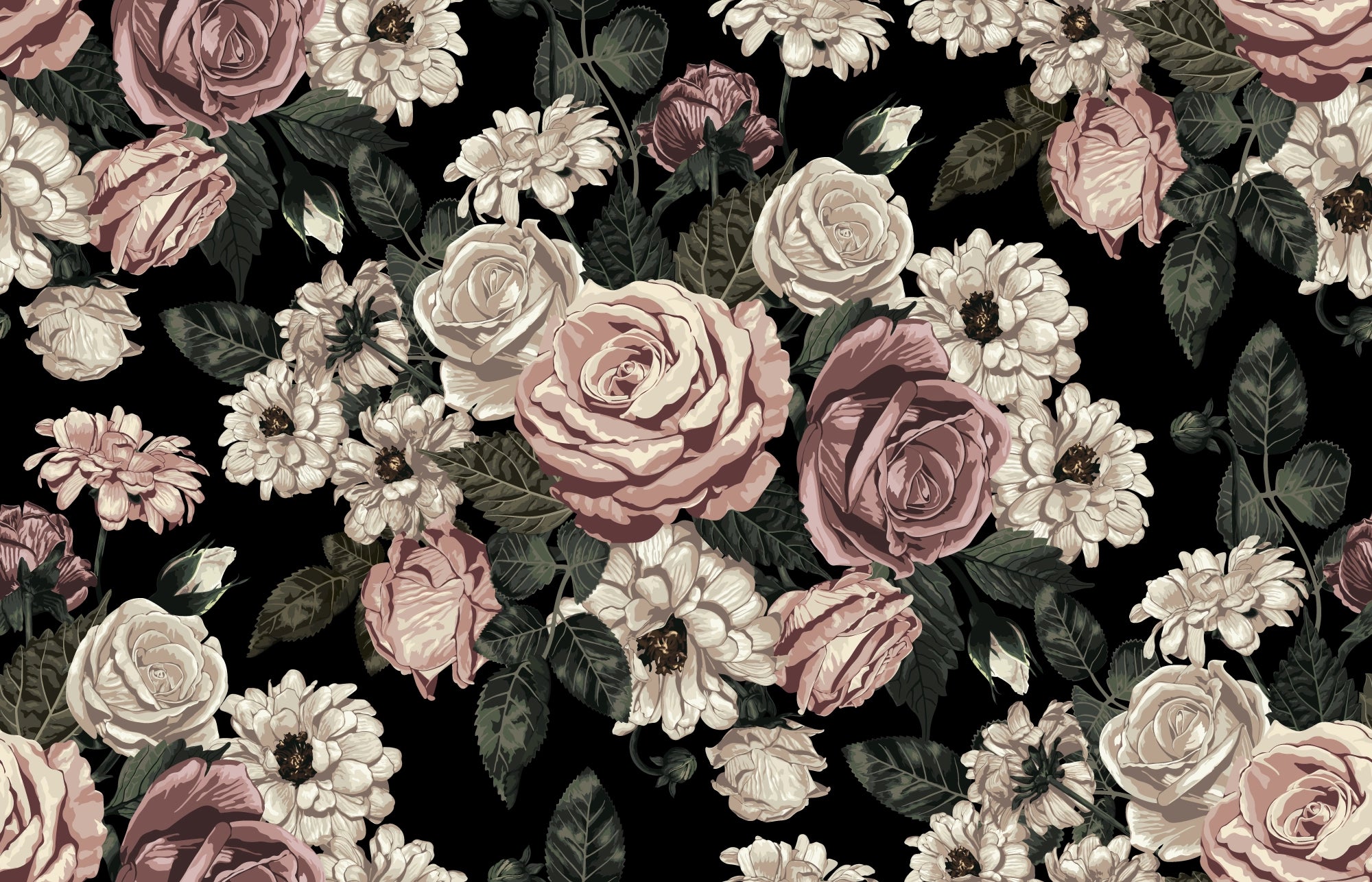 Vintage Floral Wallpaper - Romantic Roses on Black Background