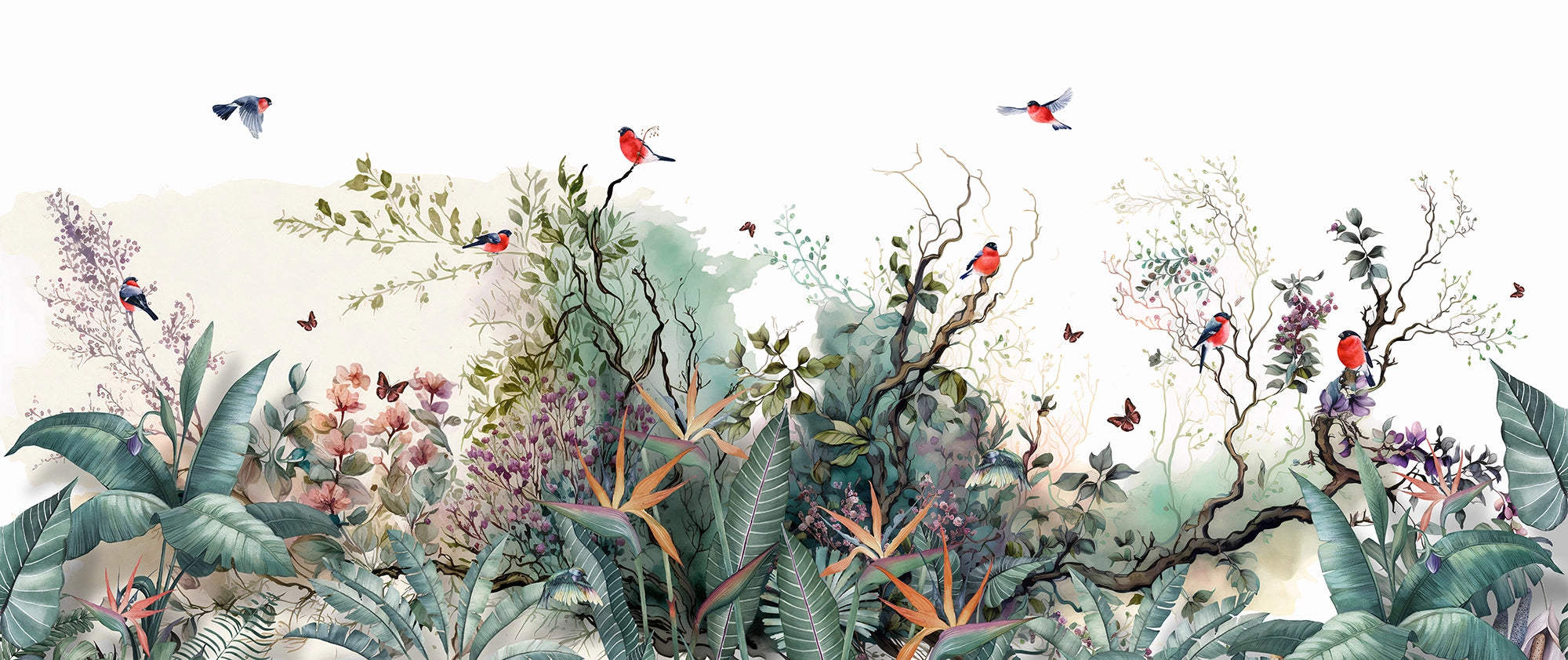 Tropical Flowers and Birds Panoramic Wallpaper