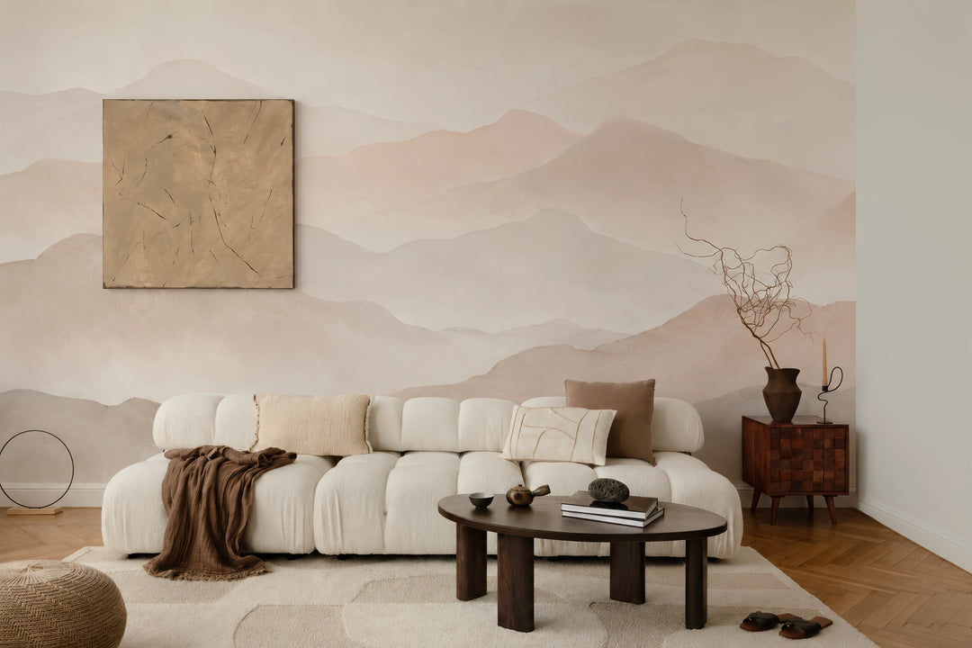 Papier Peint Panoramique Montagnes Aquarelle Beige
