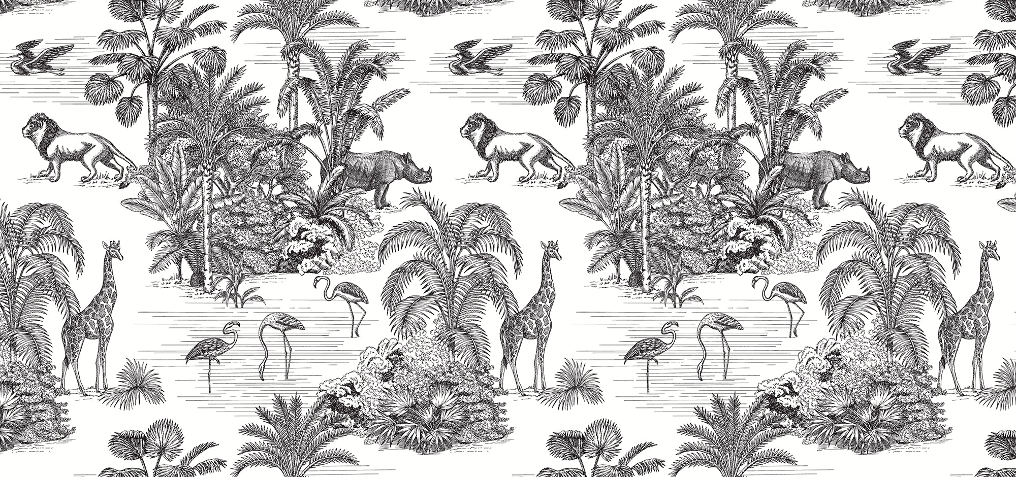 Tropical Wallpaper Toile de Jouy Safari Exotic Lion &amp; Giraffe 