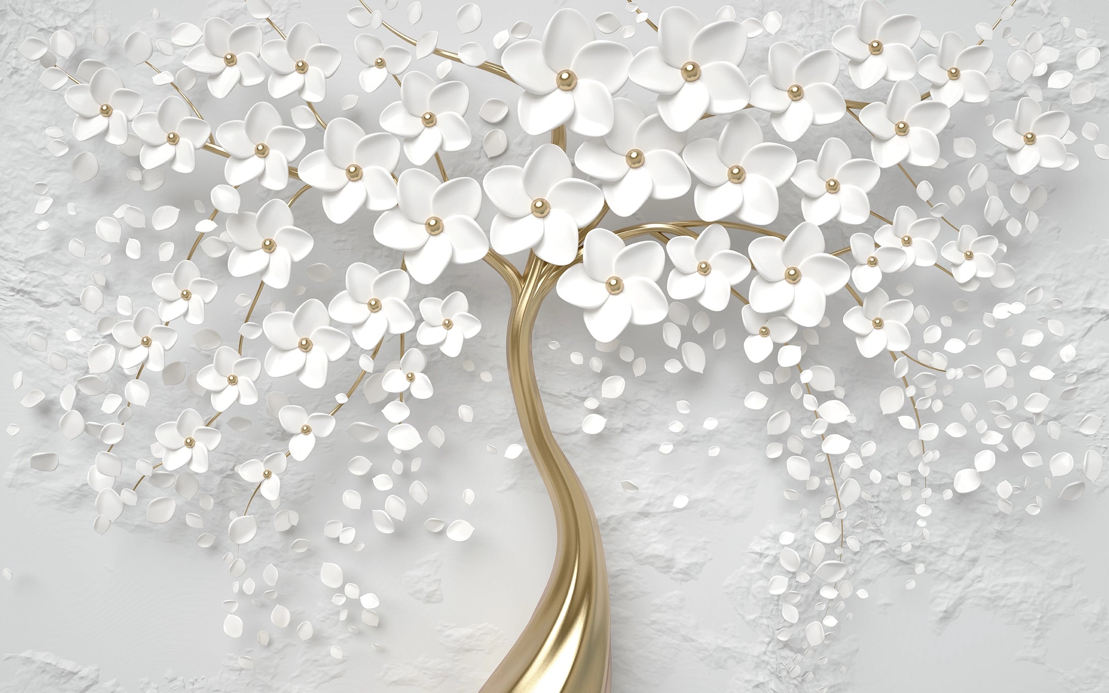 Papel pintado trompe-l'oeil árbol con flor blanca