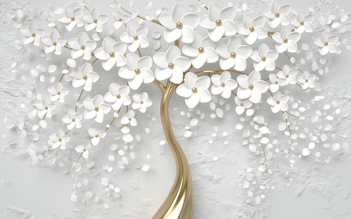 Papel pintado trompe-l'oeil árbol con flor blanca