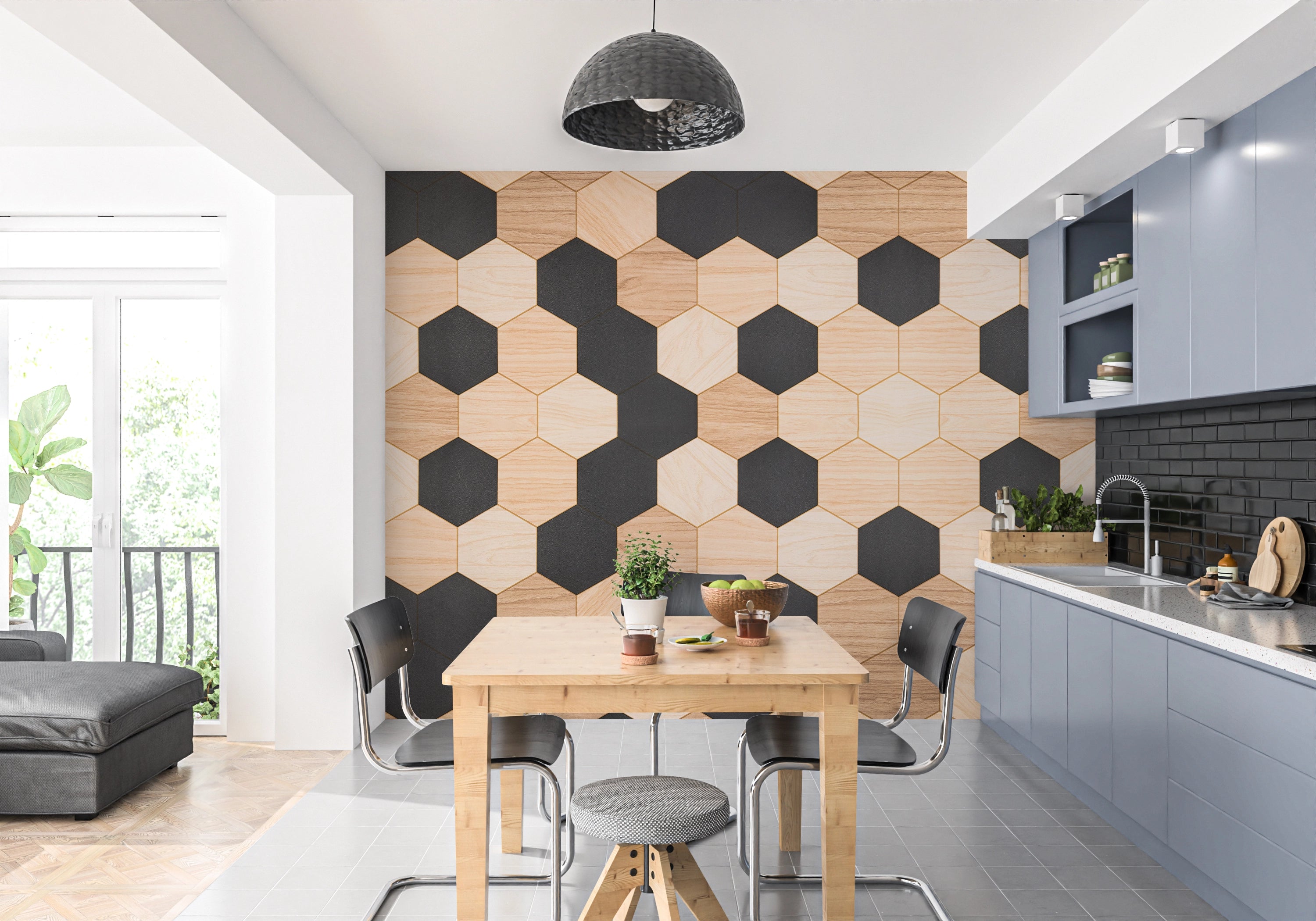 Black Hexagon and Wood Effect Wallpaper