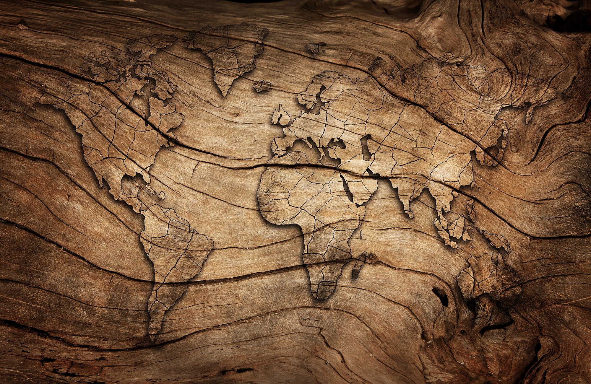 3D world map wallpaper wood effect