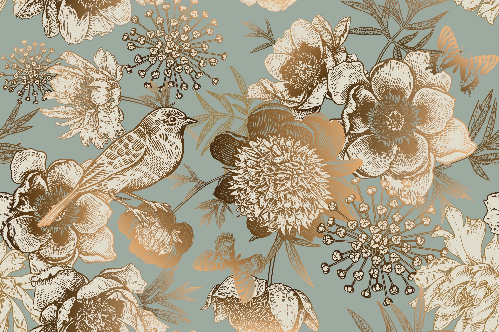 Bird and Peony Flowers Panoramic Wallpaper