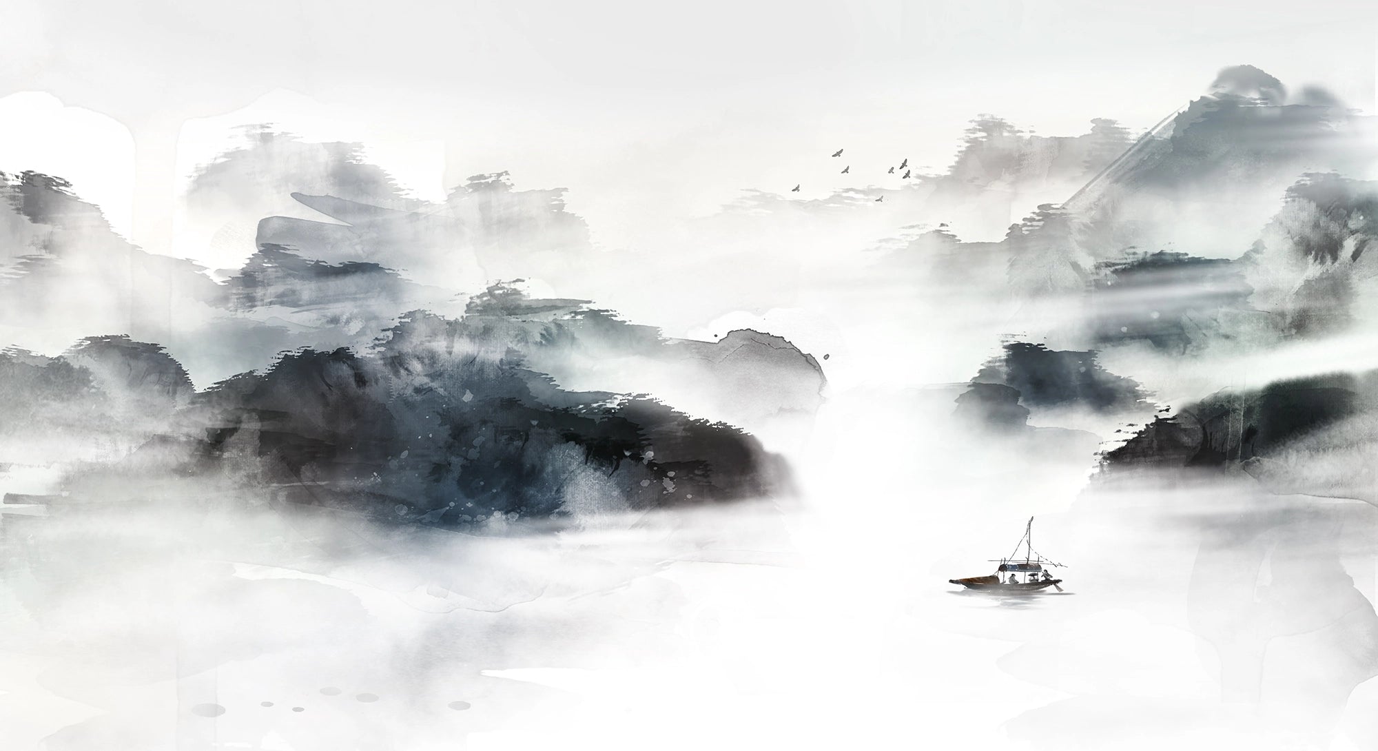 Ocean and rocks ink painting panoramic wallpaper