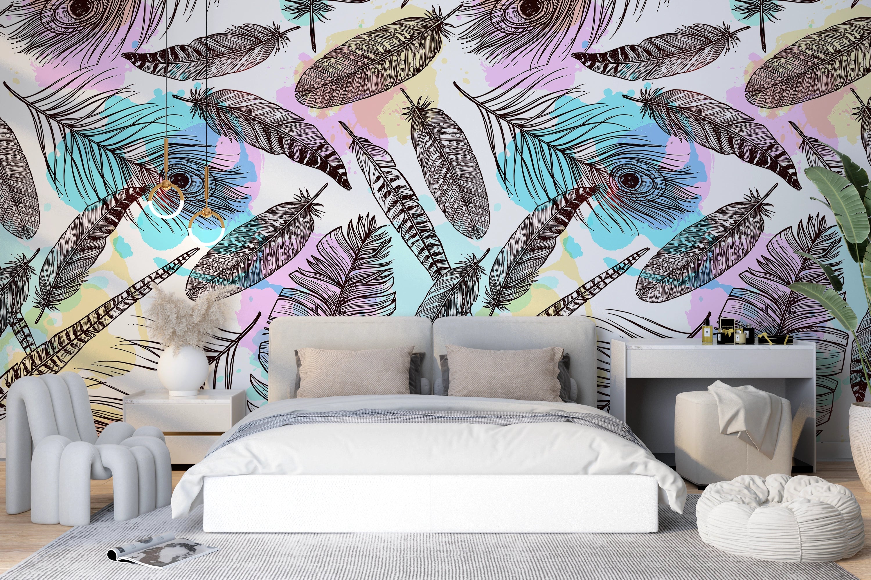 Panoramic wallpaper colorful feathers