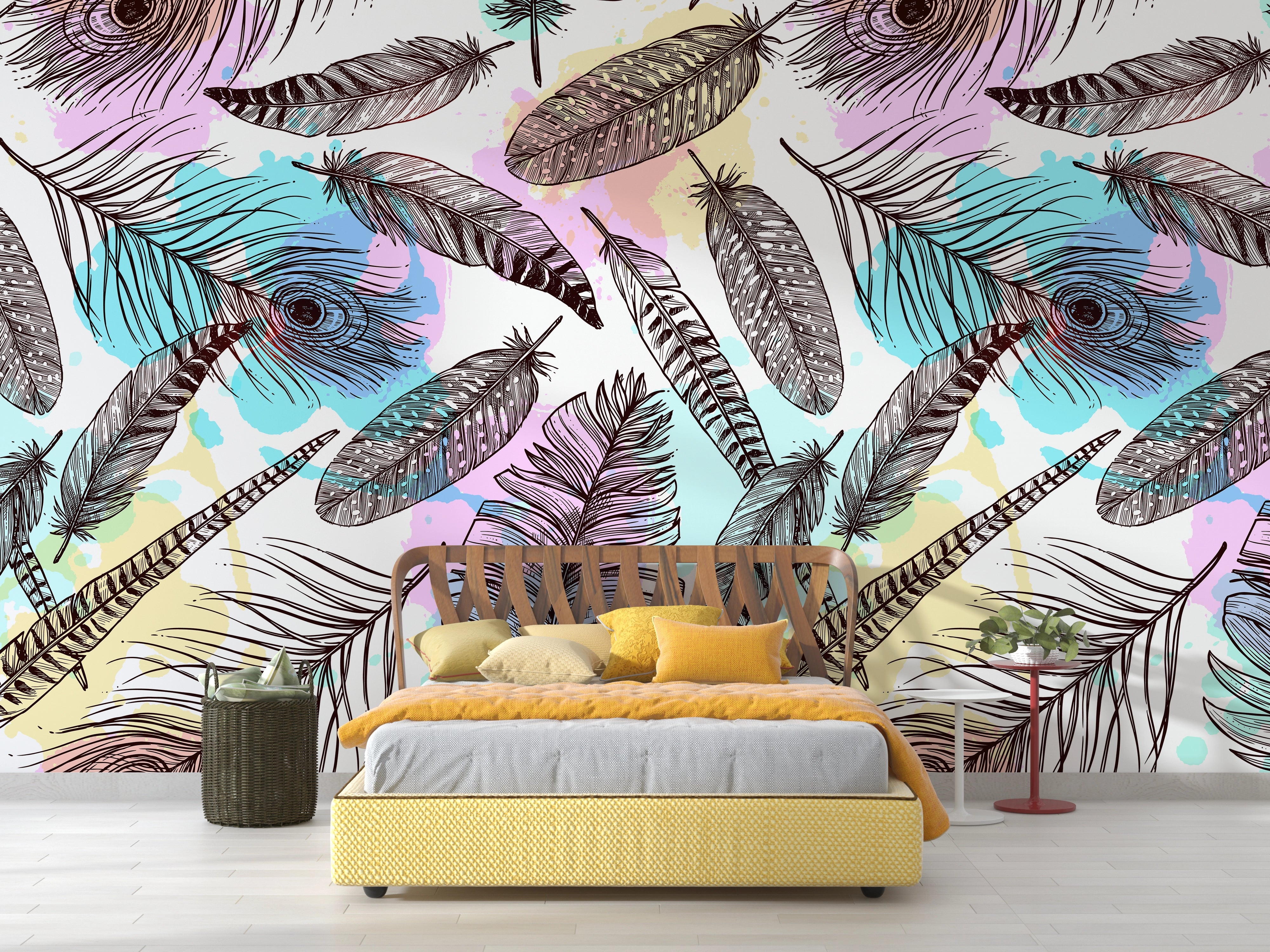 Panoramic wallpaper colorful feathers