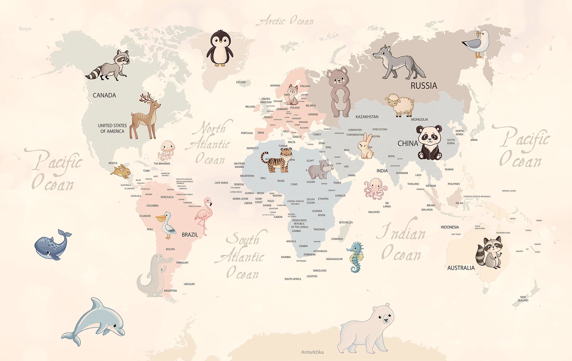 Décor mural chambre d'enfant - carte du monde animaux