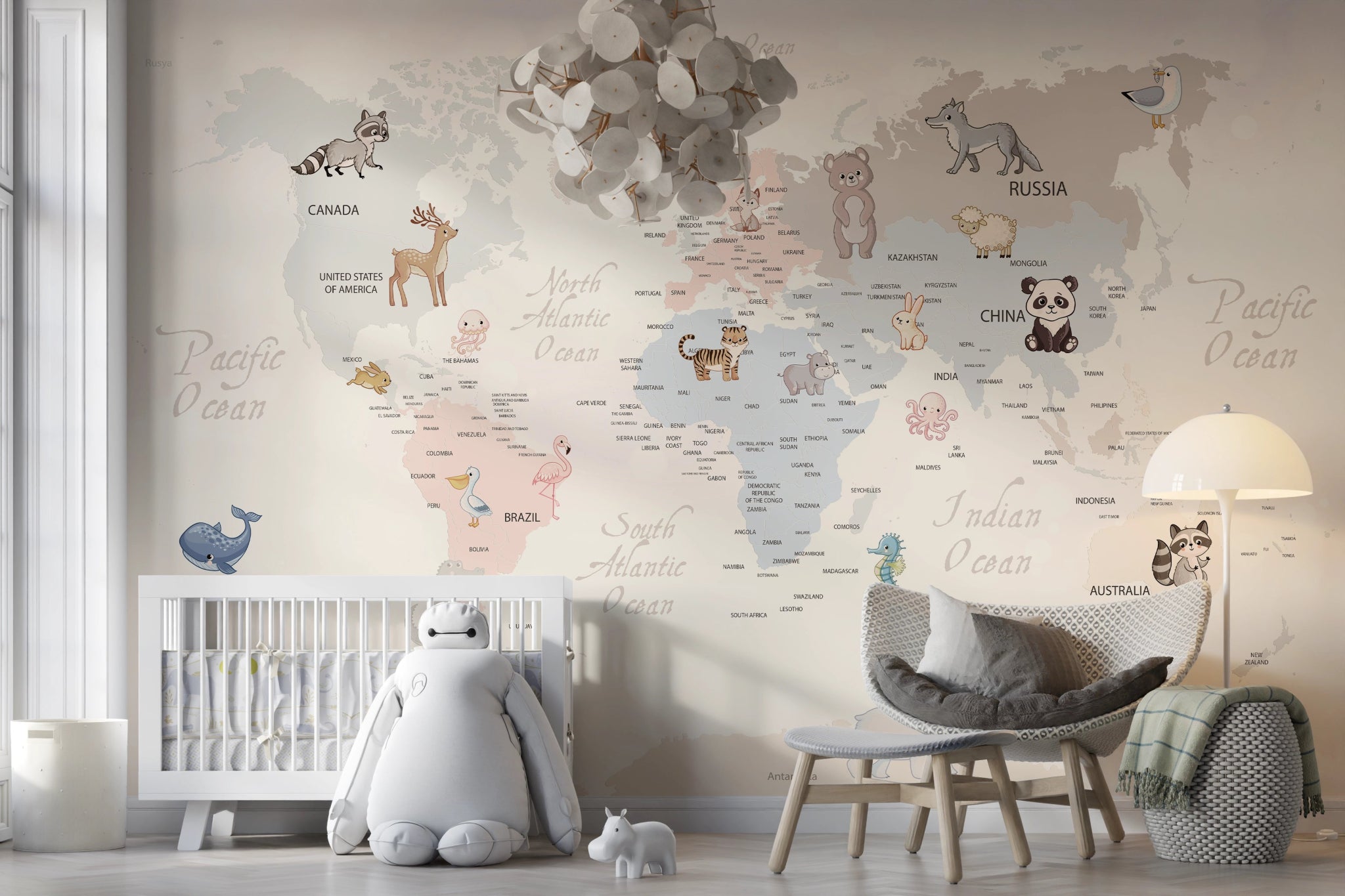 Décor mural chambre d'enfant - carte du monde animaux - Kam et Léon