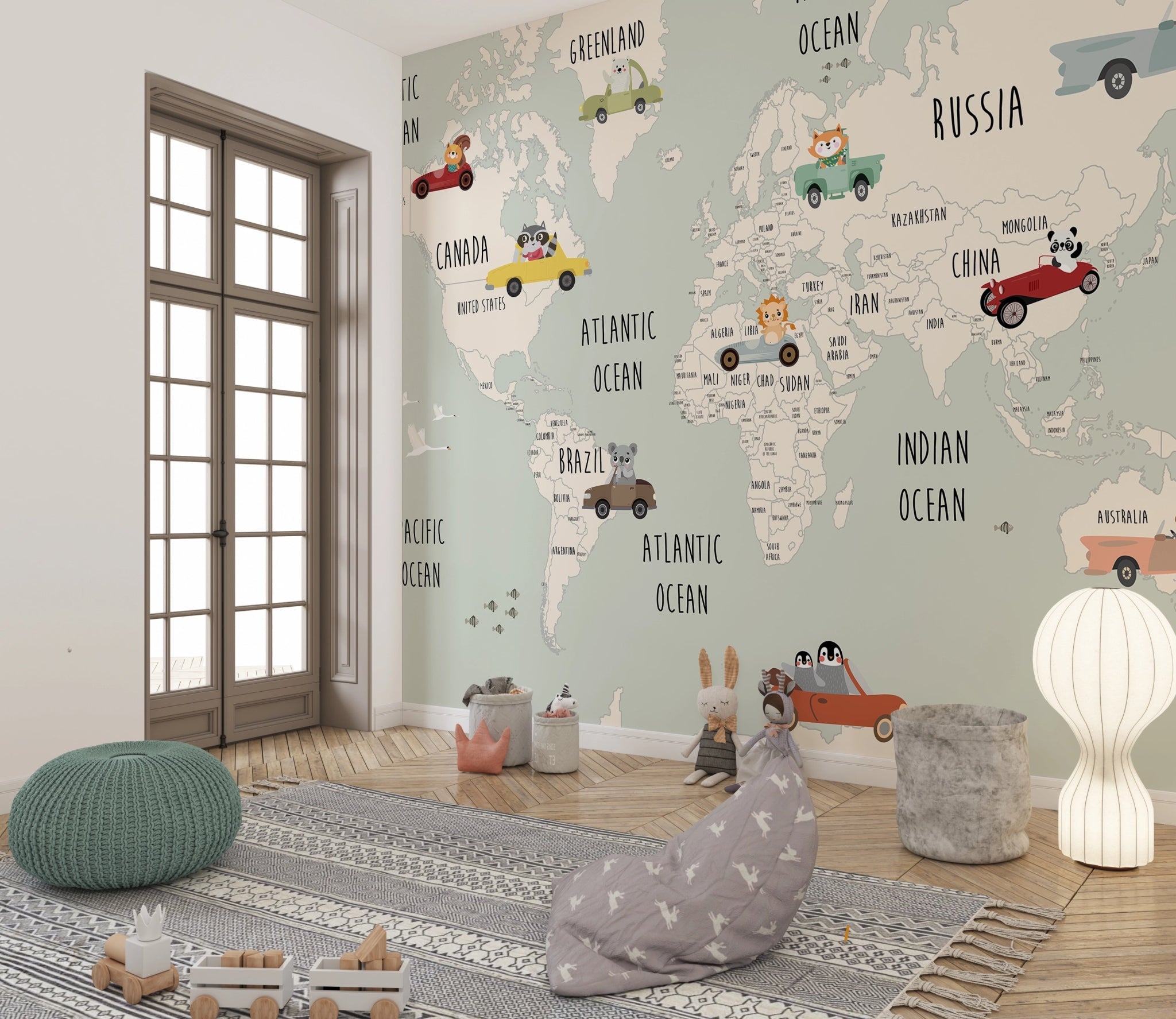 Children's room wall decor world map automobiles