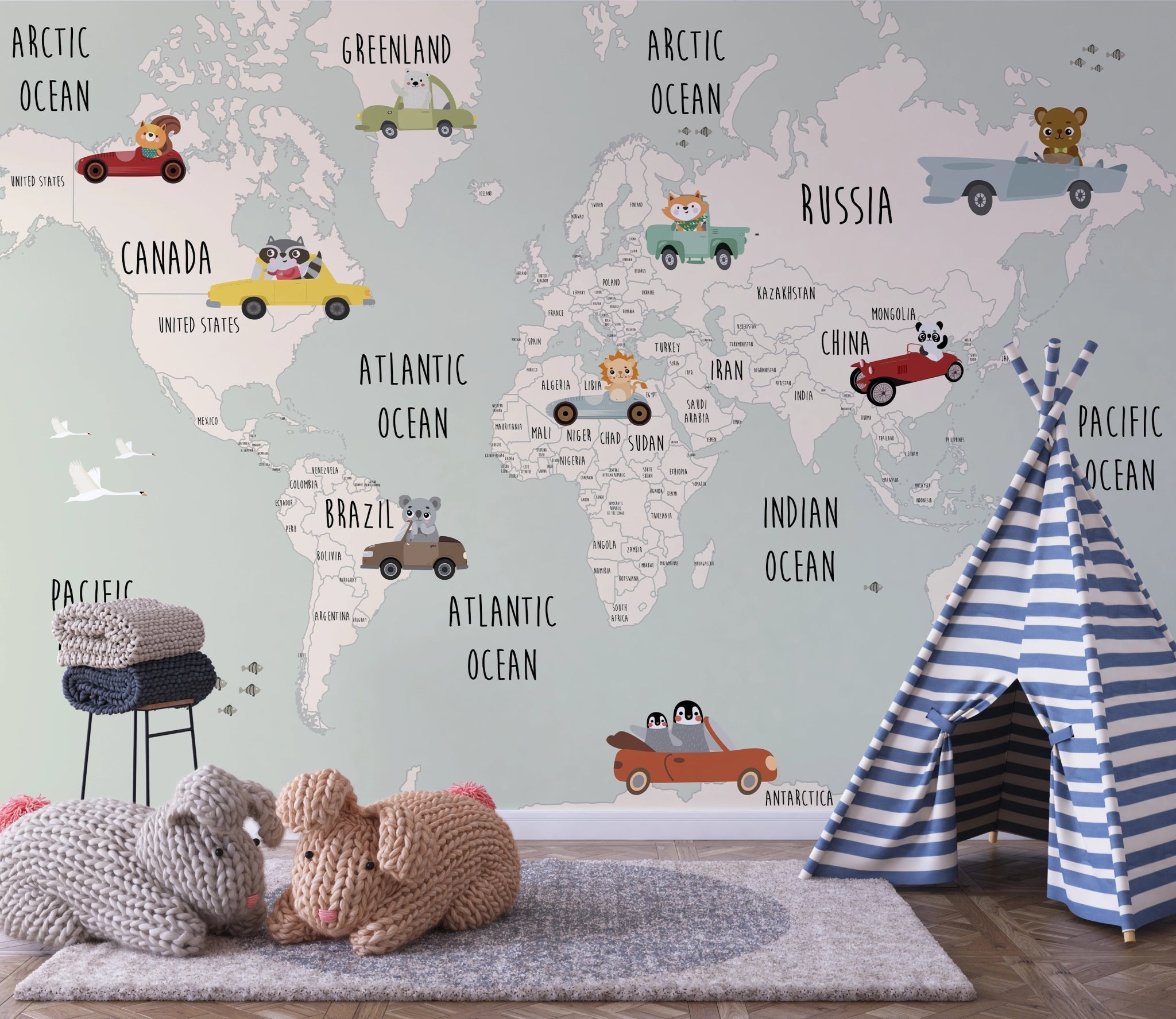 Children's room wall decor world map automobiles