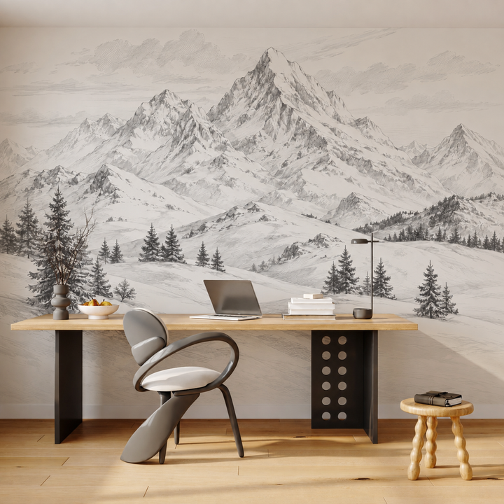 Papier peint panoramique montagne enneigée noir et blanc – Dessin au crayon
