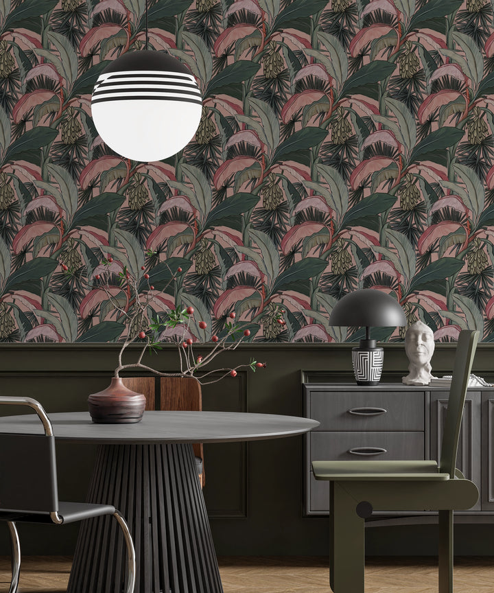 Pink and green banana leaf wall design