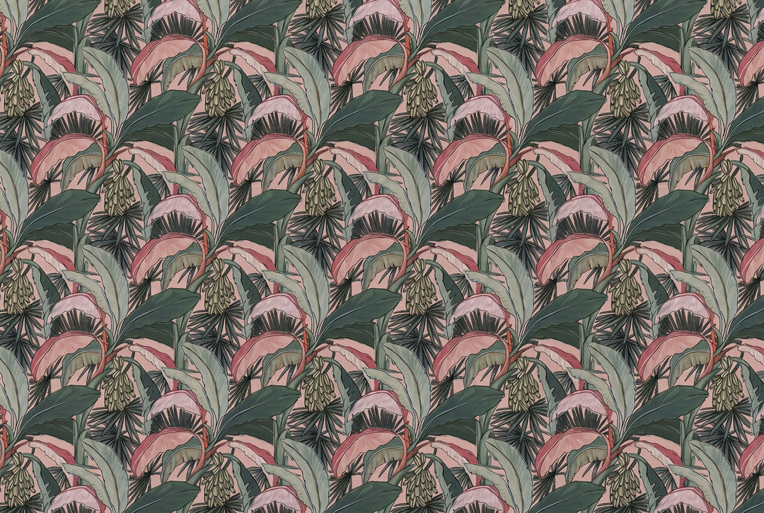 Pink and green banana leaf wall design