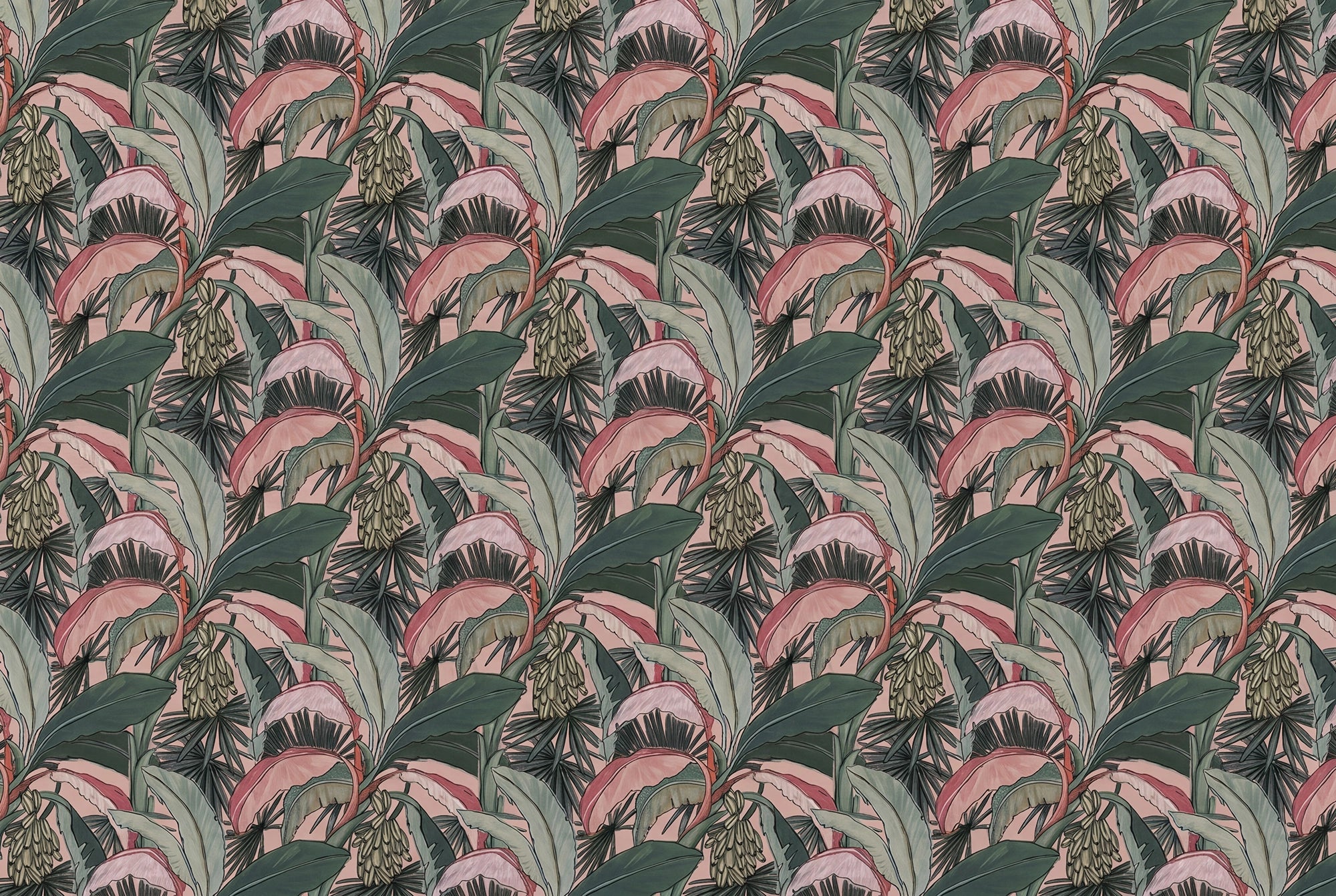 Pink and green banana leaf wall design