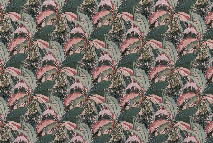 Pink and green banana leaf wall design