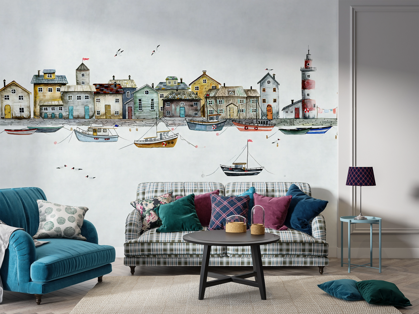 Fresque murale dessin village en bord de mer Kam & Lēon