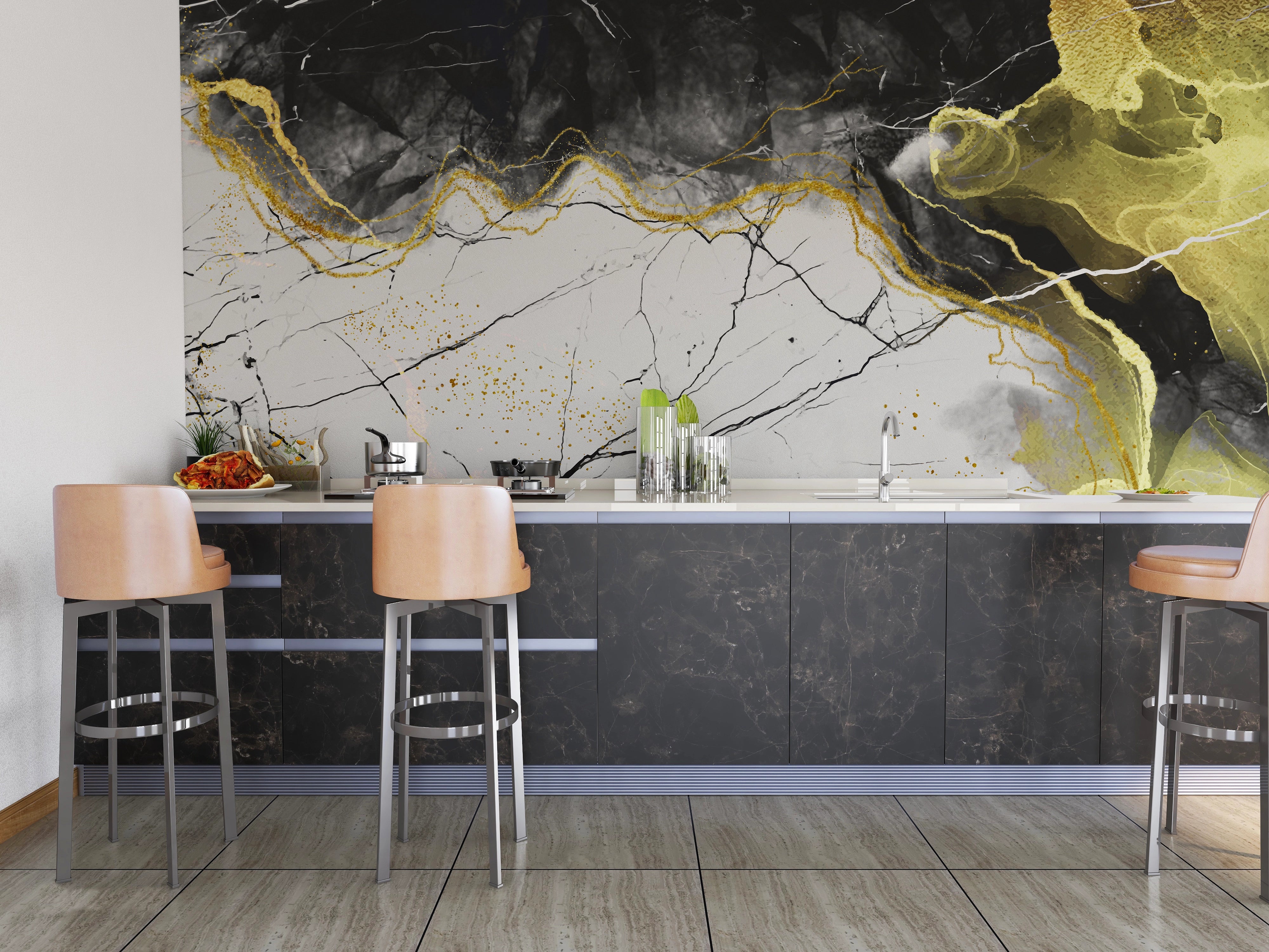 Black, white and gold marble effect wall fresco