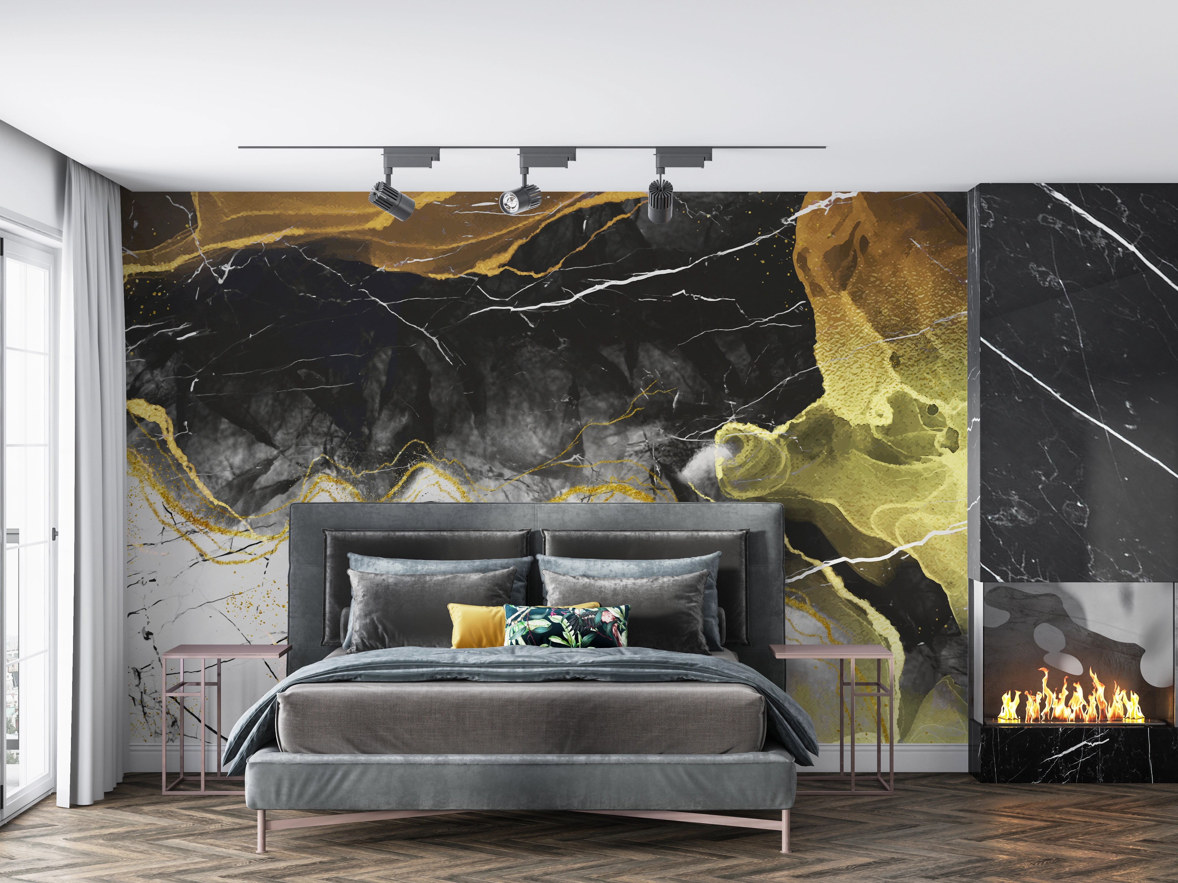 Black, white and gold marble effect wall fresco