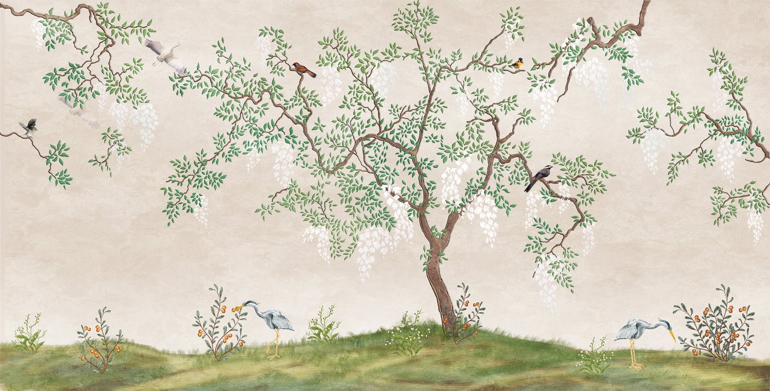 Fresque murale panoramique arbre fleuri