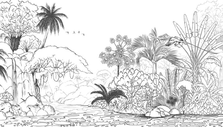 Fresque murale panoramique forêt en noir et blanc - Kam et Léon