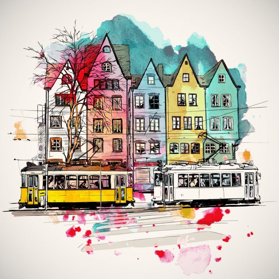 Fresque murale ville haut en couleur style aquarelle livraison offerte - Kam & Leon