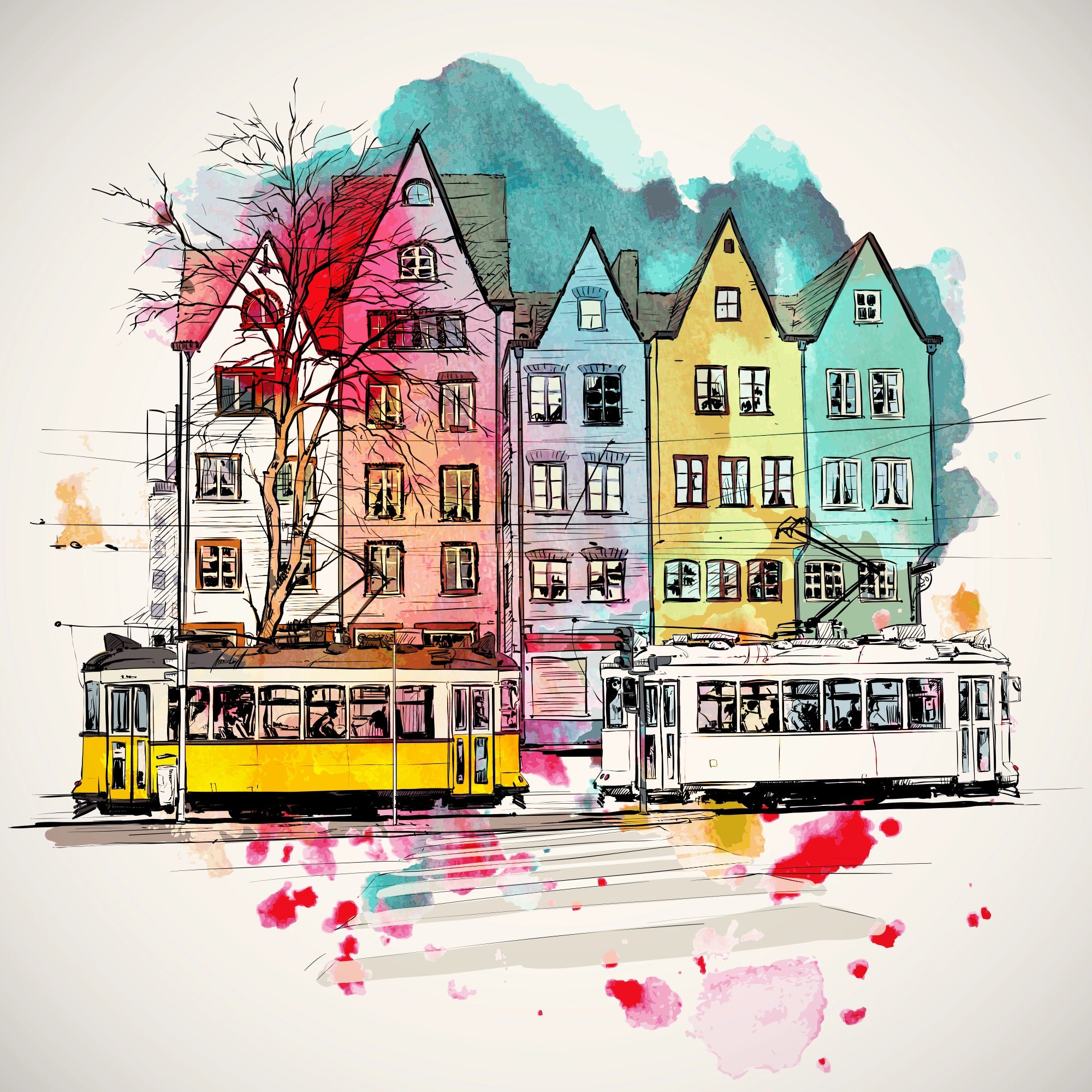 Colorful City mural, watercolor style