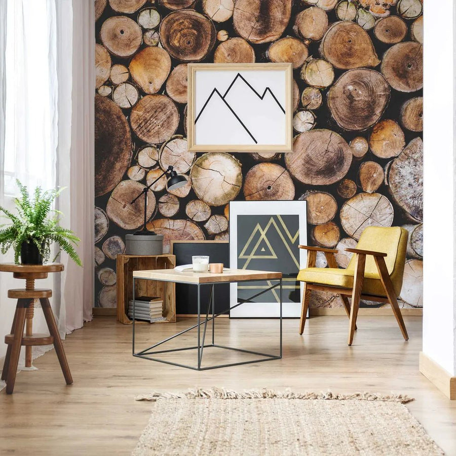 Papier peint trompe-l’œil imitant un parement en rondins de bois
