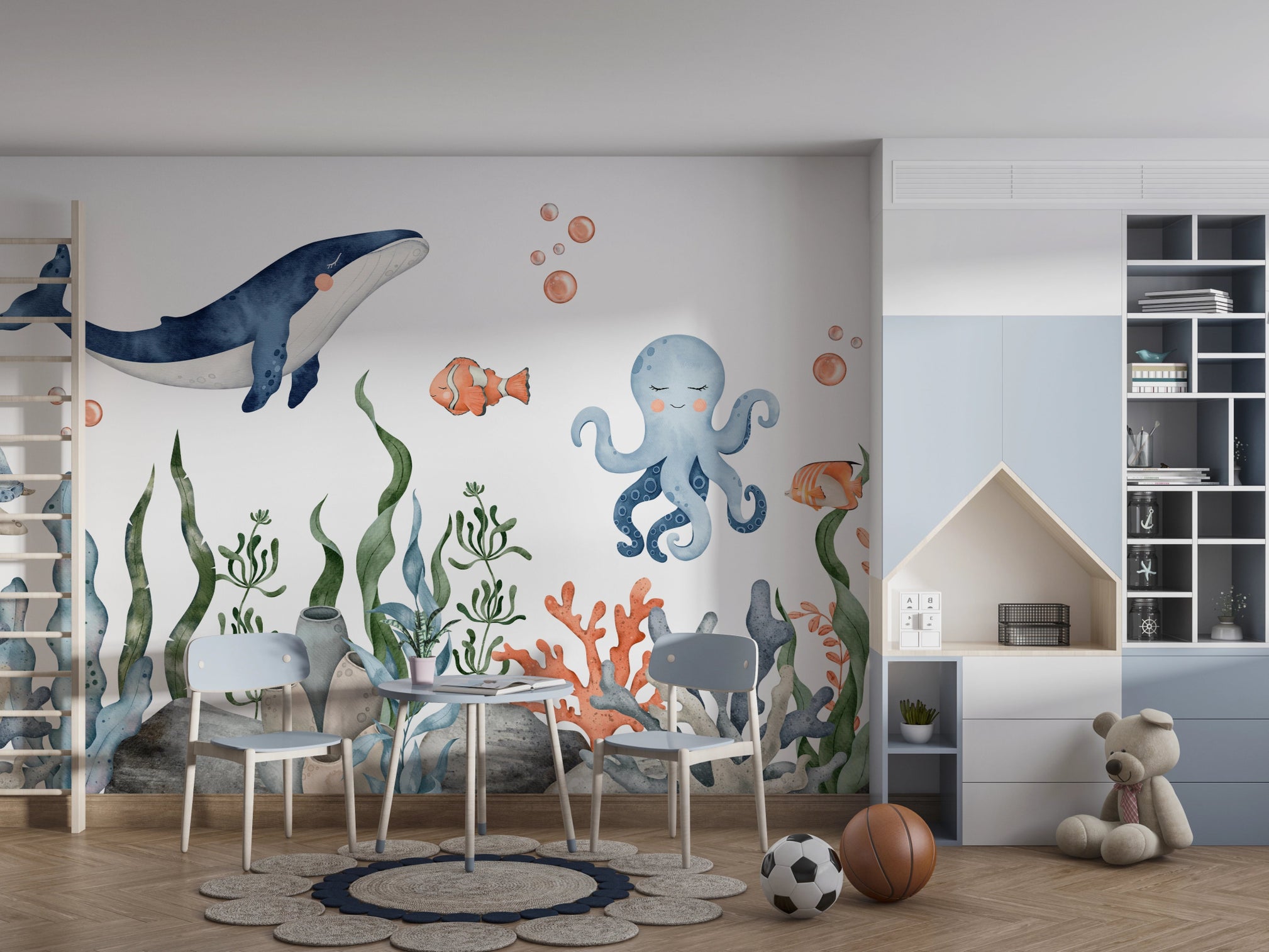 Papier peint panoramique chambre enfant animaux marins - Kam & Léon