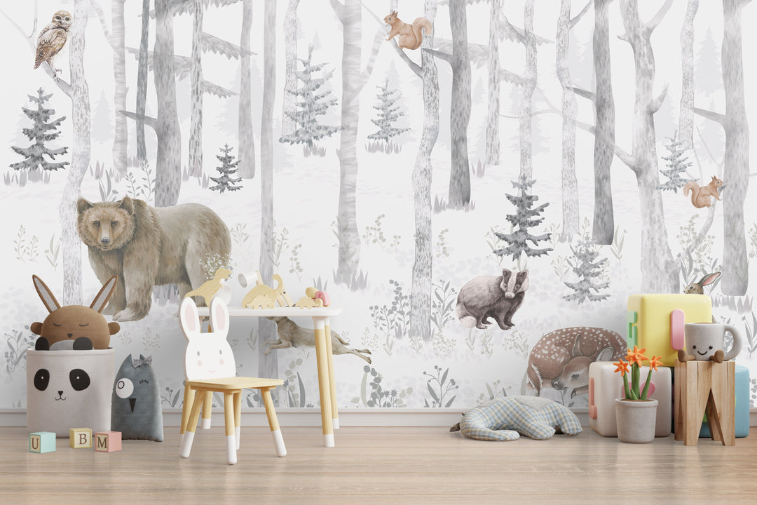 Papier Peint Bois Enchanté, Ours, Biche et Lapins - Kam et Léon