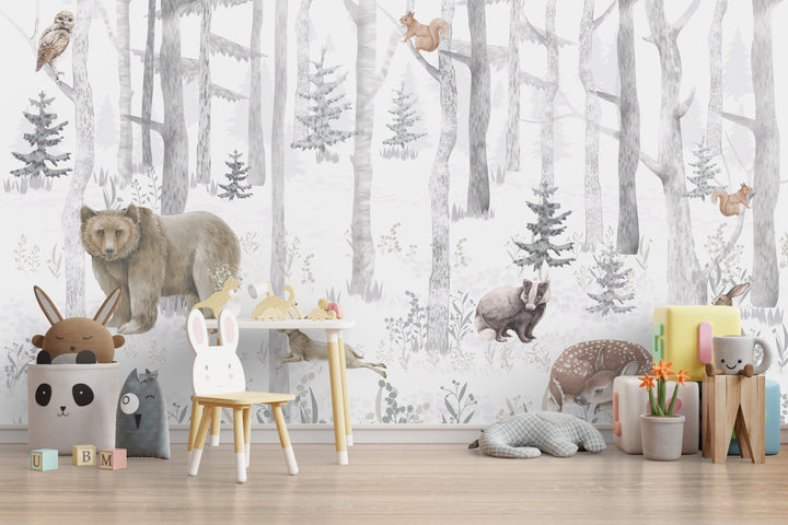 Papier Peint Bois Enchanté, Ours, Biche et Lapins - Kam et Léon