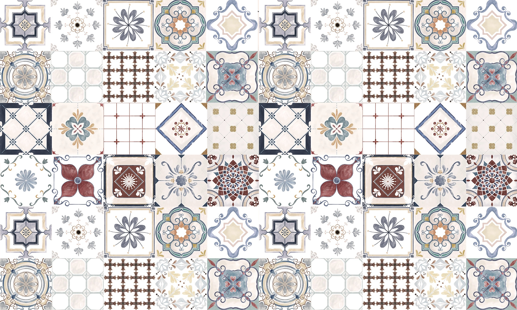 Cement tile wallpaper with arabesque patterns