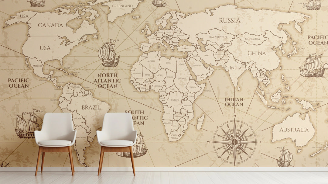 Papier peint carte du monde beige - Kam et Léon