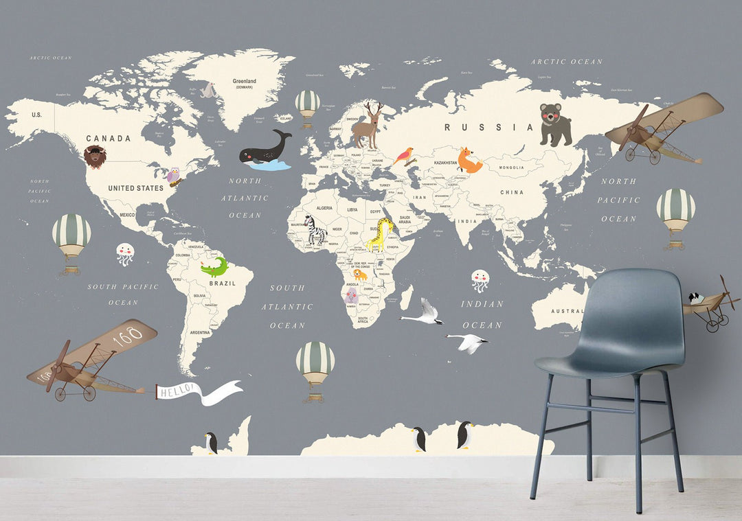 Papier peint carte du monde enfant - Kam & Leon