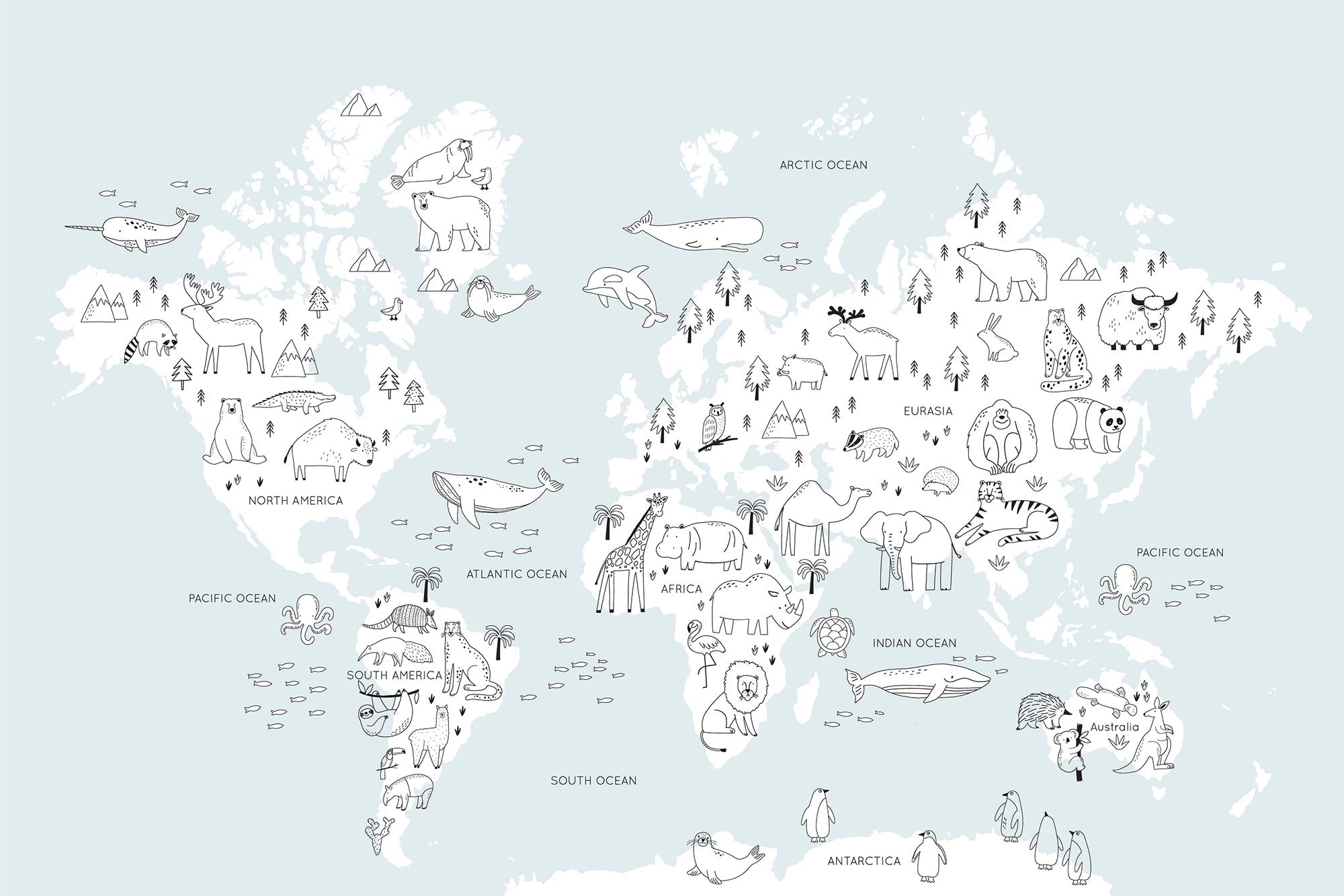 Papier Peint Carte du Monde Illustrée pour Enfants - Kam et Léon