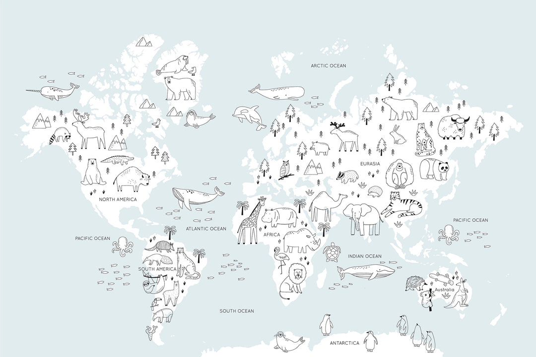 Papier Peint Carte du Monde Illustrée pour Enfants - Kam et Léon